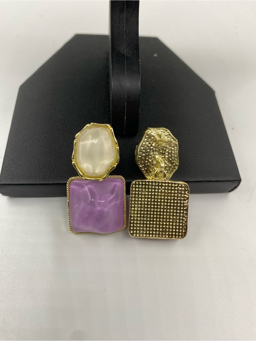 Fashion Jewelry Gold-Tone Purple and Cream Double Drop Earrings - Picture 3 of 3